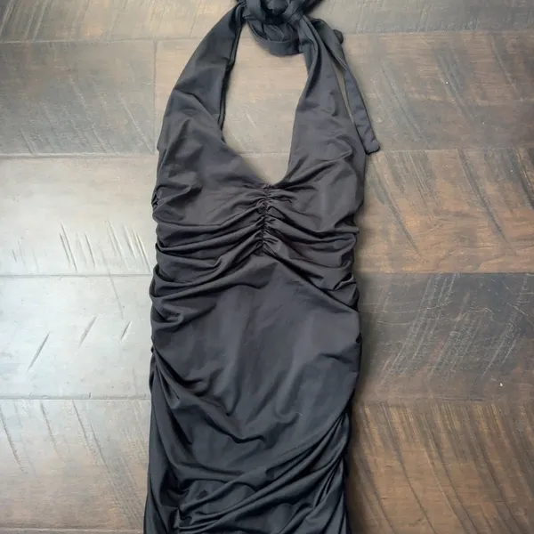 Ruched Black Halter Dress - Image 5