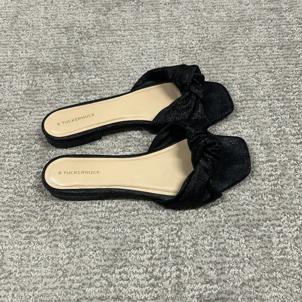 Tuckernuck Raffia Brit Sandals Womens 8 Black Slip On Slides Bow Knot Flats - Image 9