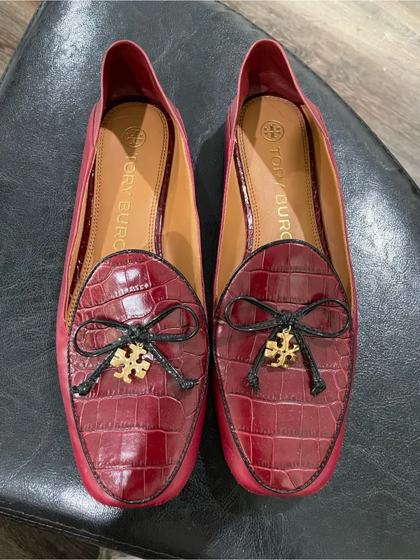 Tory Burch Red Croc Embossed Charm Trim Bow Loafers Mule Flats Size 7 - Image 2
