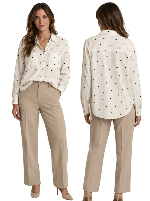 Abercrombie & Fitch Heart Print Boyfriend Button Up Shirt Women's Small Ivory - Image 2