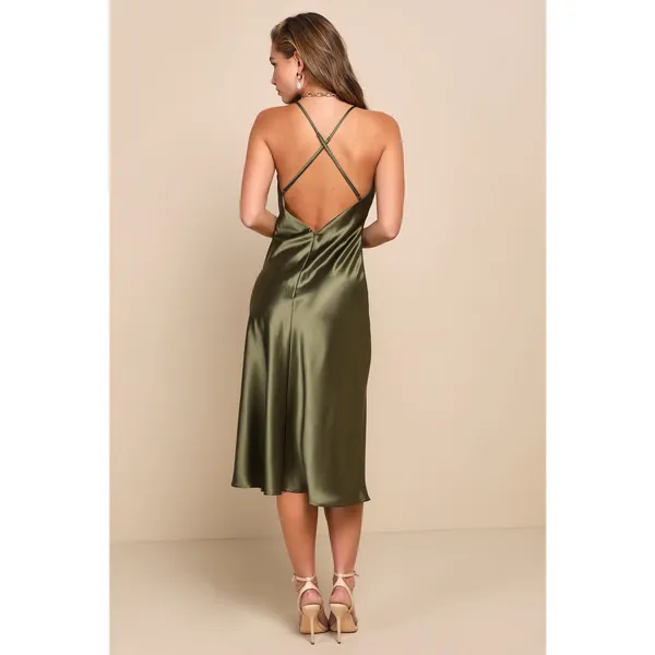 NWT Lulus Exquisitely Chic Olive Green Satin Backless Slip Midi Dress Gala Sz S - Image 3