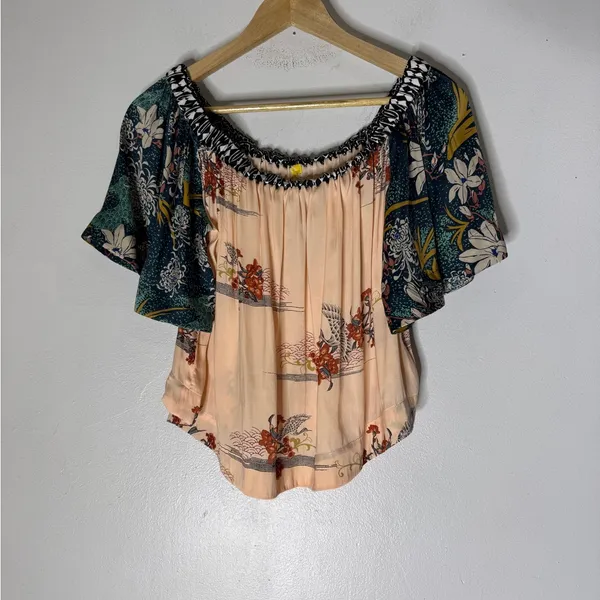 Free People “rockin‎ rochelle” crop blouse Short Sleeve Cream Blue XS - Image 2