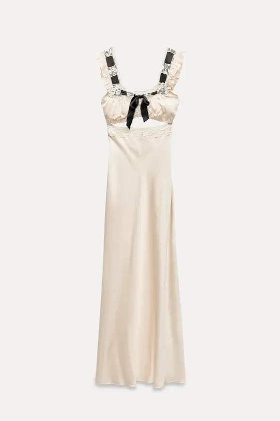 Zara dress lingerie style ivory black lace crochet ribbon tied satin effect maxi - Image 11