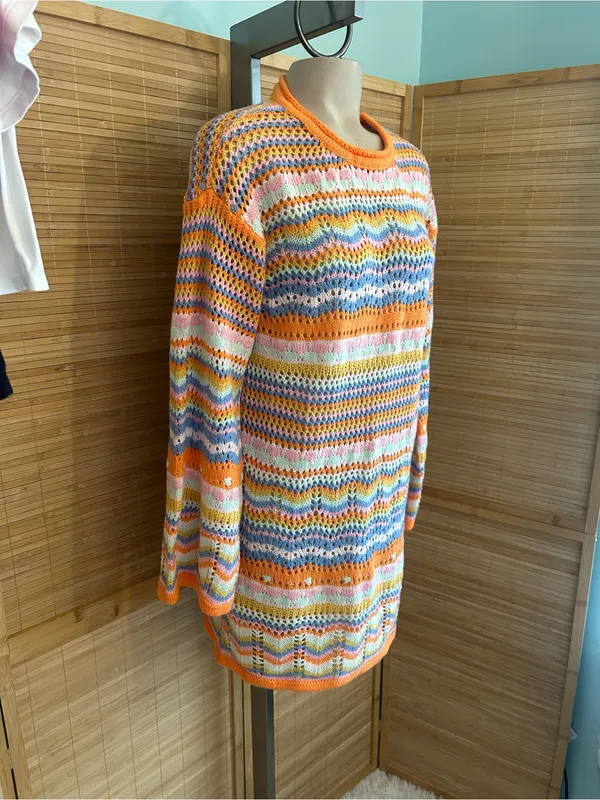 Unbranded colorful stripes open knit crotchet long sleeve sweater dress size M - Image 2