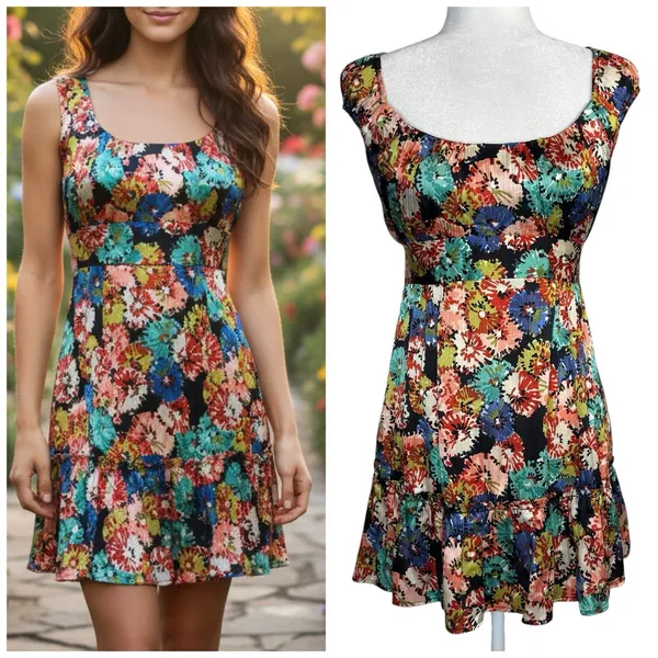 Nanette Lepore 100% Silk Mini Babydoll‎ Dress 10 Dark Floral Tiered Whimsy Fairy - Image 2