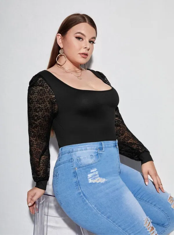 Blue Blush Women’s Long Sleeve Lace Square Neck Bodysuit Black Medium - Image 2