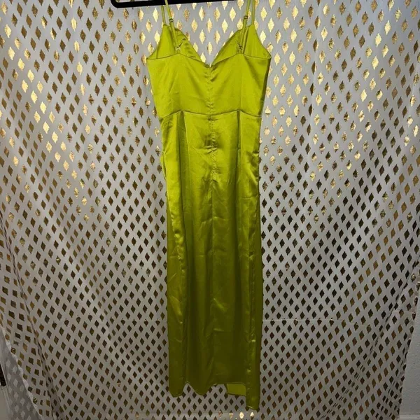 Forever 21 full length gown dress with slit neon green satin silk size XS - Image 5