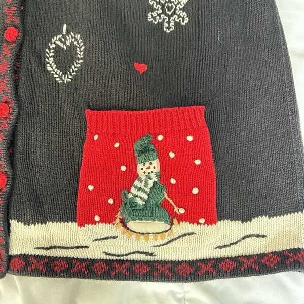 Vintage Karen Scott Snowman Sweater Cardigan Faux Fur Womens Large‎ L Snowflakes - Image 3