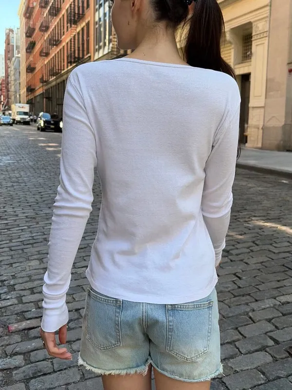 Brandy Melville White Callan Long Sleeve Waffle Knit Henley Thermal‎ Long Sleeve - Image 4
