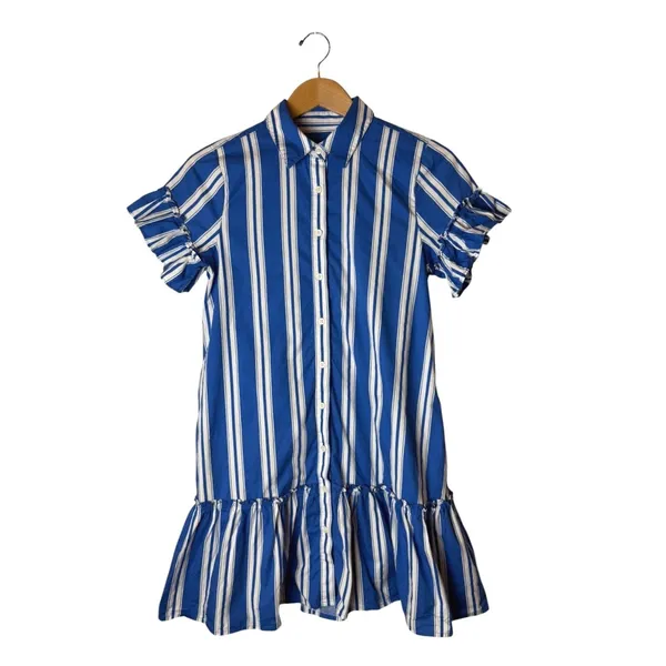 J Crew Amelia Shirt Dress Women 0 Blue White Striped Ruffle Hem Preppy Nautical - Image 2