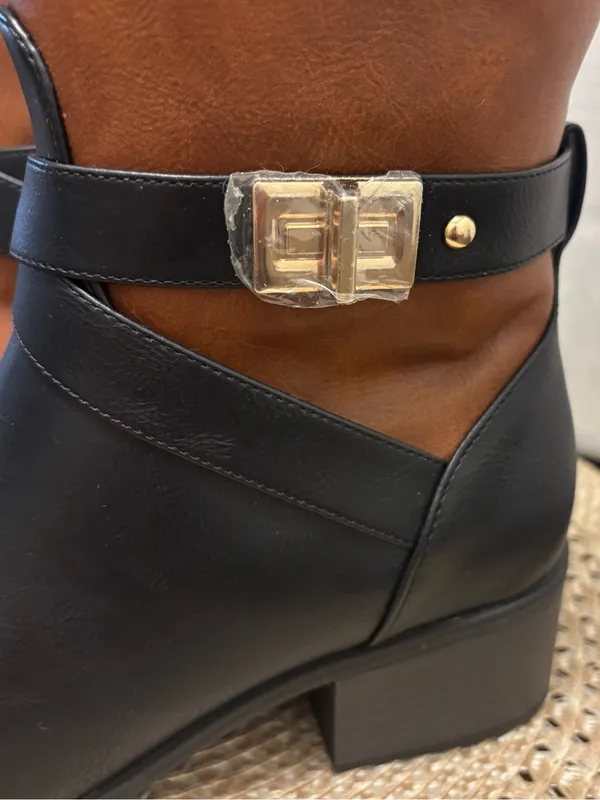 Just Fab Black and Tan Winnie Block Heel Boots | Women | Size 6.5 NWOB - Image 9