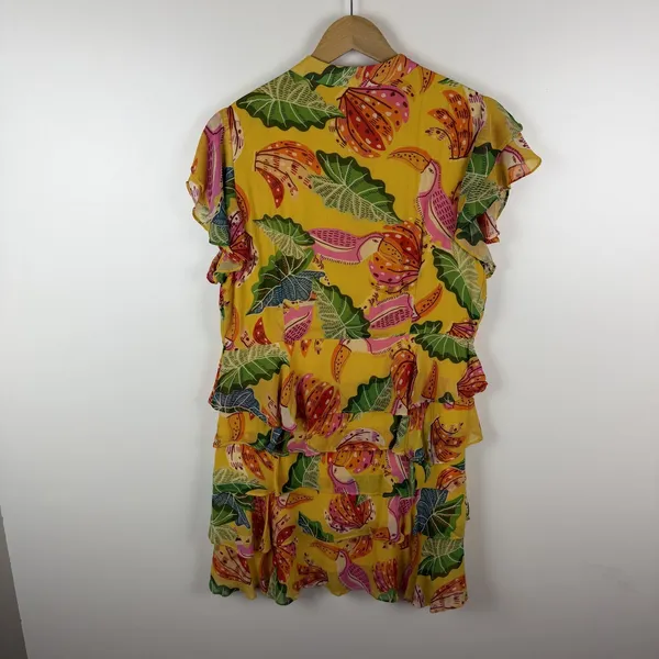 Farm Rio Yellow Beaks & Bananas Mini Dress Small Tropical Toucan Tiered Resort - Image 6