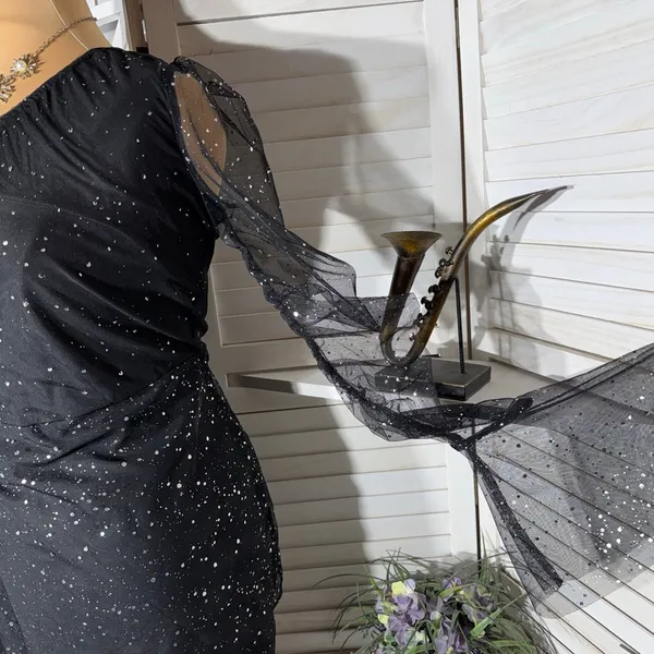 Shein mini dress black sparkle one shoulder sheer cocktail glam whimsigoth sz 1X - Image 5