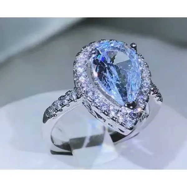 Boutique NEW Women's 3Ct Rhodium S925 Pear Halo‎ Teardrop Engagement Ring, Size 7 - Image 15
