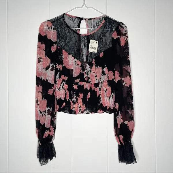 Free People Daphne Floral Lace Blouse In Midnight Combo NWT XS - Image 3