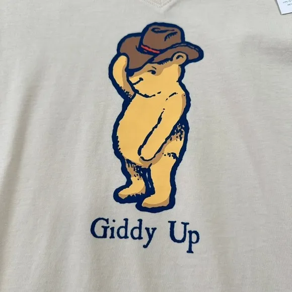 Life is Good Giddy Up Winnie the Pooh‎ Bear V-Neck Long Sleeve Shirt Cream NEW - Image 3