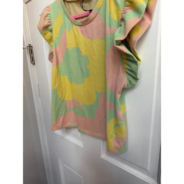 Zara pastel floral groovy ruffle-sleeve top playful pink, yellow women's large - Image 3