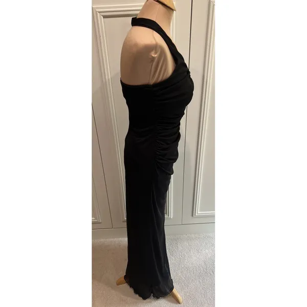 Vintage La Belle Black Ruched Mesh Overlay Maxi Dress Size Medium Gown Halter - Image 5