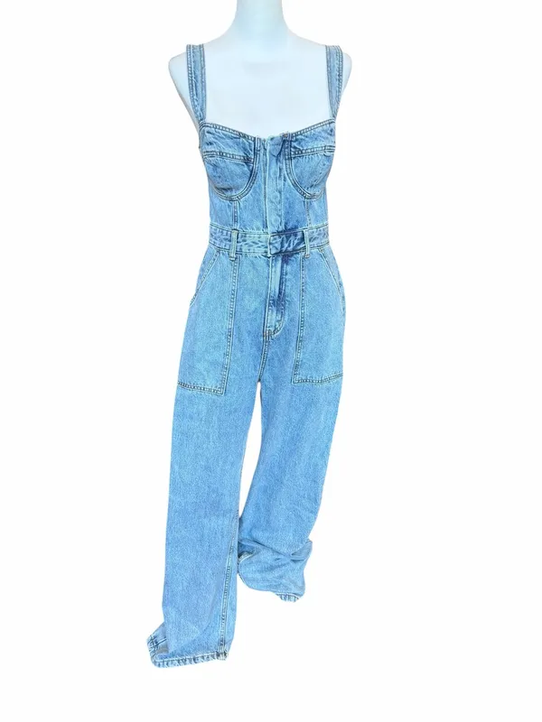 Lulus Denim Jumpsuit Sz Medium NWT Light Wash Date Night Out Brunch Bustier Fall - Image 3
