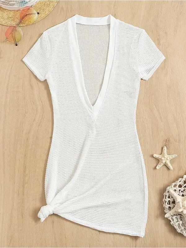 Womens Size Small Crochet Cover Up Beach Dress Short Sleeve V-Neck White Stretch - Image 3