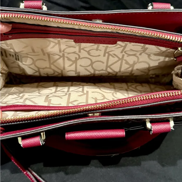 Calvin Klein Monogram Satchel in Brown and Red with gold accents - Image 3