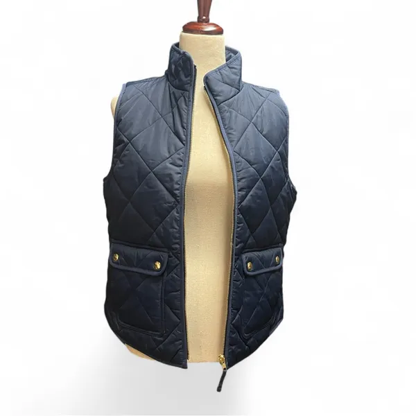 J.Crew Womens S Navy Blue Puffer Zip Up‎ Vest Gingham Print Snap Buttons Preppy - Image 3
