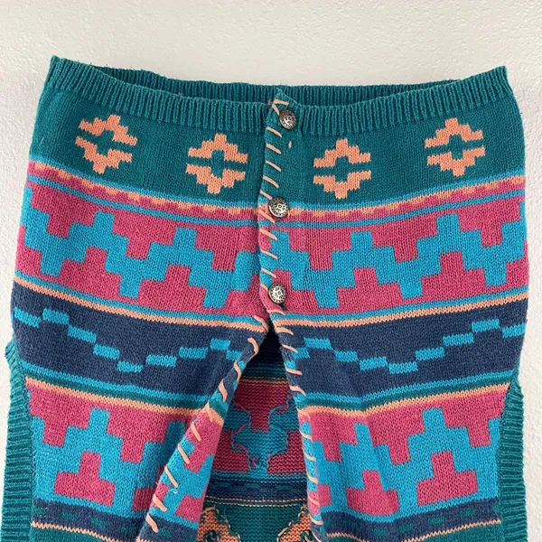 Vintage 90s Teal Blue Pink Southwestern Aztec Button Up Sweater Vest - Image 5