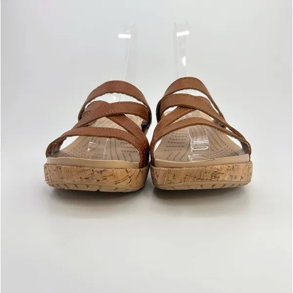 Crocs A-Leigh Leather Cork Wedge Sandals Brown Strappy Slip On Womens 8 Comfort - Image 6