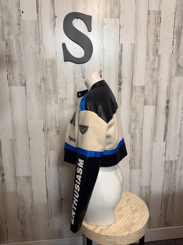 SHEIN Cropped Racing Jacket Womens Small Black Cream Blue Faux Leather Moto Bike - Image 6