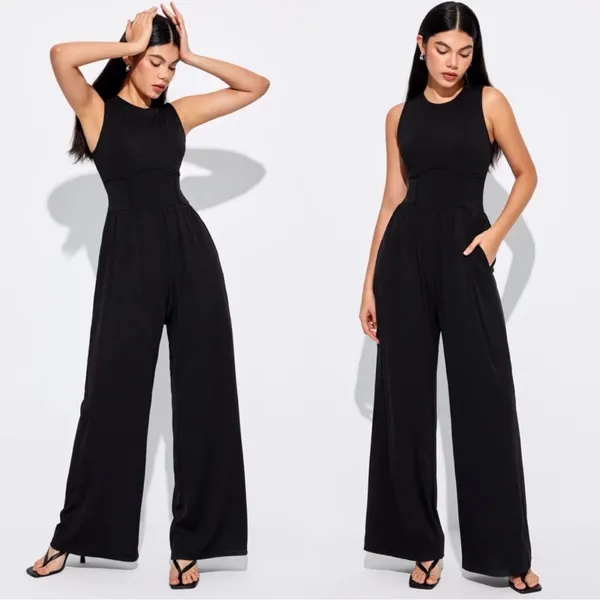 CIDER Solid Wide Leg Corset Rib Jumpsuit Black Minimalist Chic Vibe Size Large - Image 2