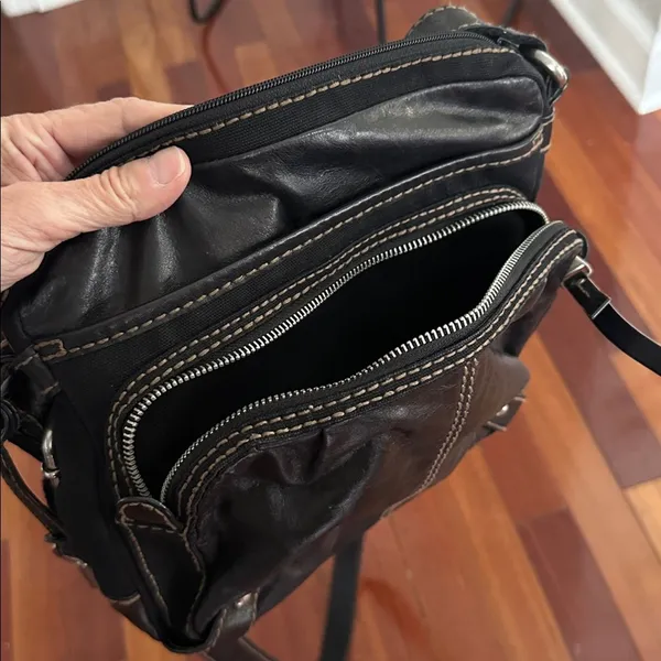 Fossil Black Canvas Leather Purse Bag Silver Hardware Key 10x11 Long Strap Y2K - Image 11