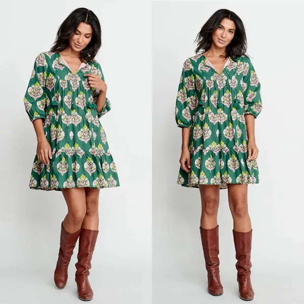 Pink Chicken Indira mini Dress Hunter Green Flower Sz Small boho peasant prairie - Image 5