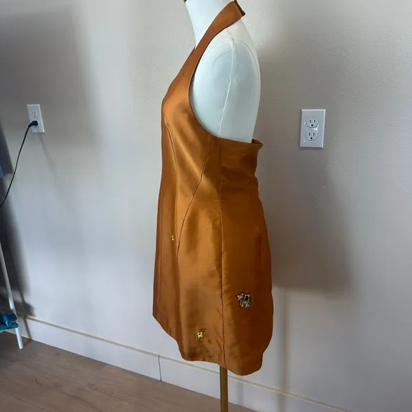 Romy Copper Halter Mini Cocktail Dress MEDIUM Satin Party Backless Designer $310 - Image 9
