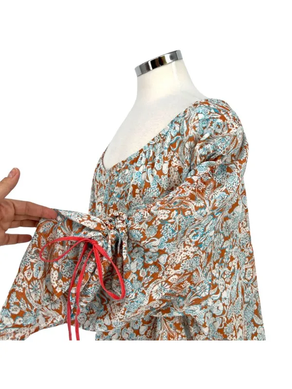 By Anthropologie Boho Peasant Floral Shirred Blouse Brown Blue Size Large - Image 4