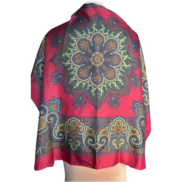 Vintage Silk Paisley Printed Scarf Red Blue Medallion Made In England Equestrian - Image 3