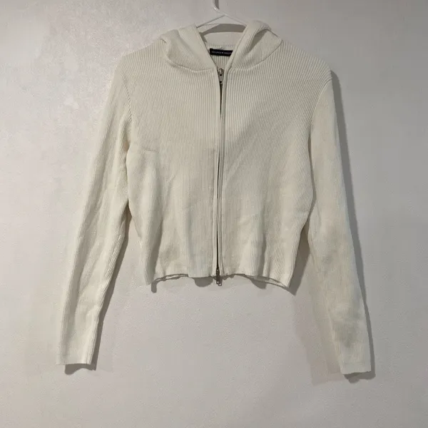 Brandy Melville Ivory Ribbed Cropped Zip Up Hoodie Fitted Y2K - Image 3