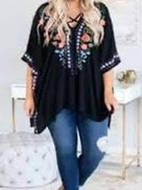 ODDY Black Tunic with Multicolor Floral Embroidery - Image 4
