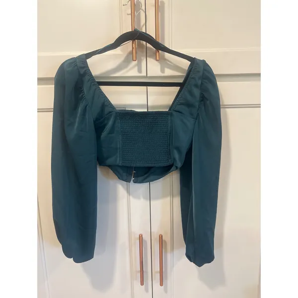 Urban Outfitters Teal Corset Puff Sleeve Crop Top Square Neck Hook Eye XS fairy - Image 5