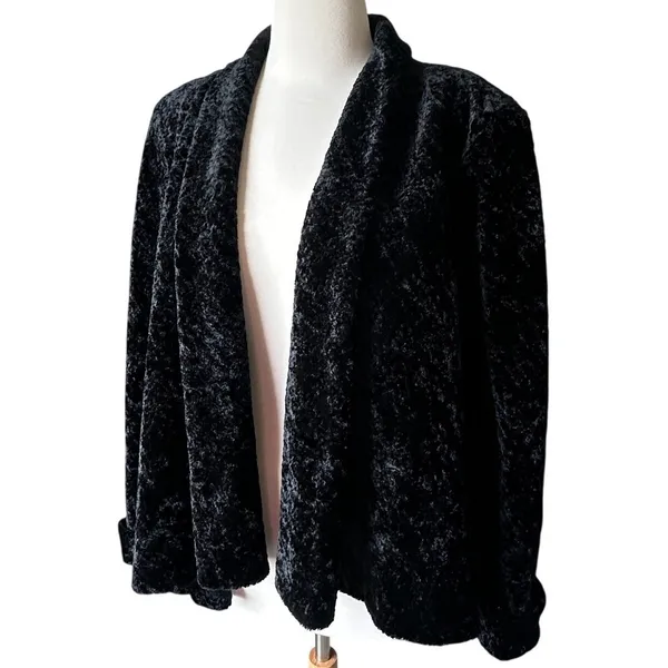 VTG 90s Y2K Connected Apparel Crushed Velvet Open Front Jacket Shawl Black XL - Image 3
