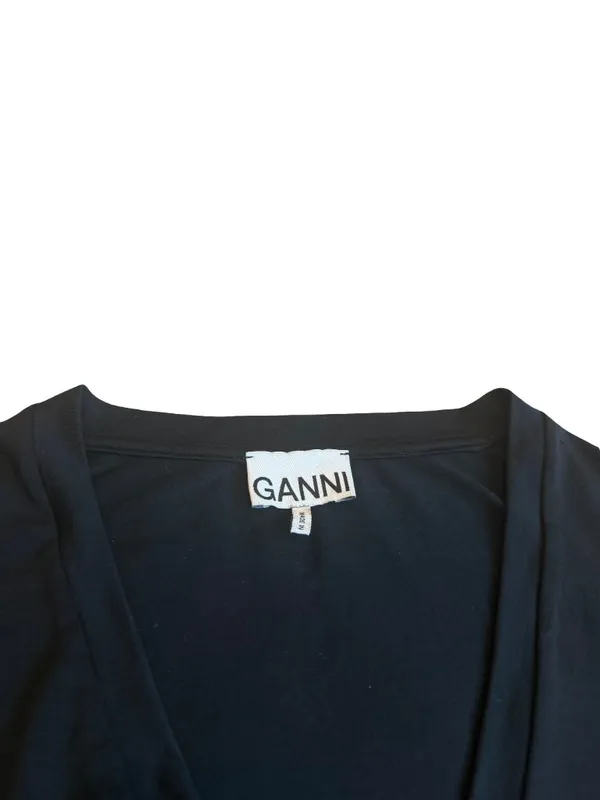 Ganni Software Black Deep V Neck Long Sleeve Fitted Bodysuit Scoop Large Women's - Image 2