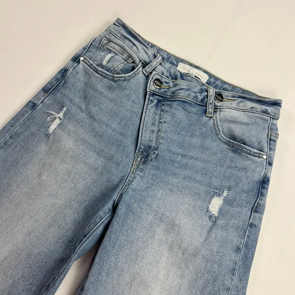 Risen High Rise Crossover Straight Leg Distressed Jeans Light Wash Size 7/28 - Image 2