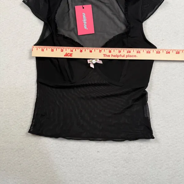 Edikted Mesh Top Womens XS Black Coquette Lace Trim Pink Bow‎ Goth S17276 New - Image 3