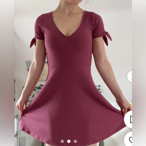Abercrombie & Fitch Dark Pink A-Line Mini Dress V-Neck Short Sleeve Casual - Image 3