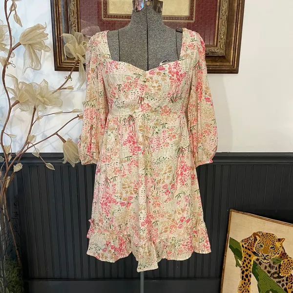 Meet Me In Santorini Floral Puff Sleeve Babydoll Cottagecore Mini Dress - XS 💚🎀 - Image 3