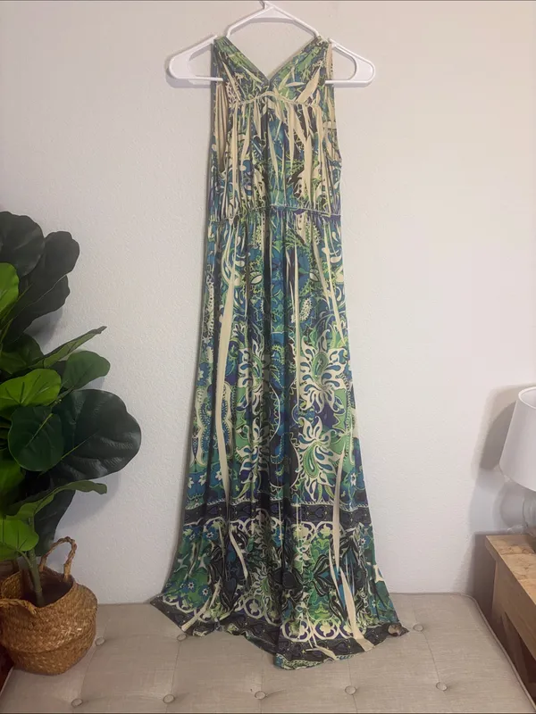 One world Petite Large Sleeveless Boho Printed Maxi Dress - Green/Blue - Image 4