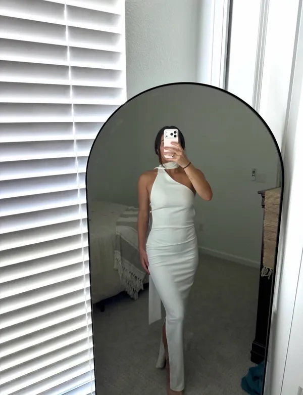 White Backless Halter Maxi Evening Gown with Pearl Back Straps from Khanum’s - Image 4