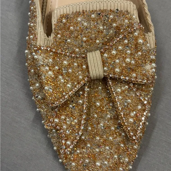 Toosili Footwear Women's Glittering Gold Bow Mules 8.5 pearls beads sparkle - Image 3