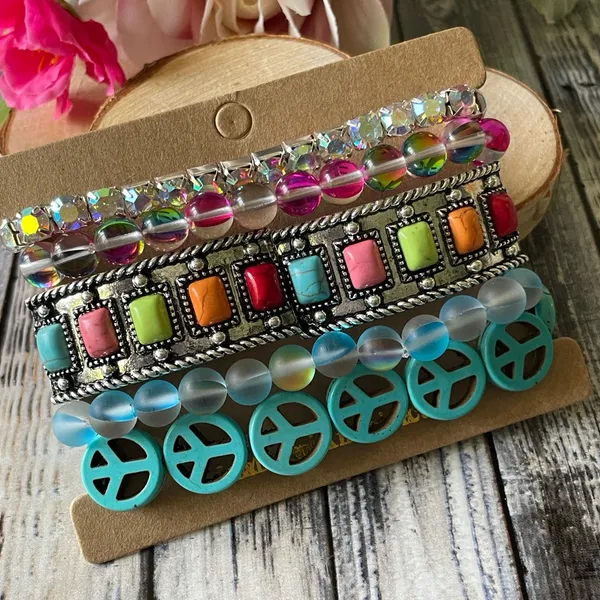 Set of 5 stackable bracelets in shimmering crystals and multi colored gemstones - Image 4