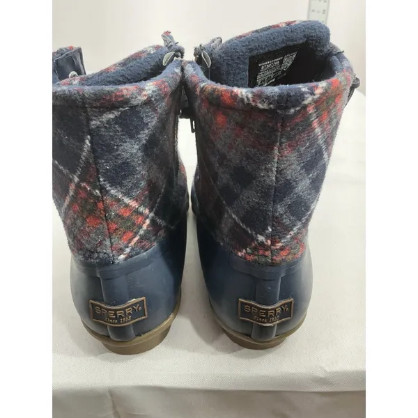 Womans Sperry Duck Boots 7.5 Navy plaid Zip Up Laces - Image 5