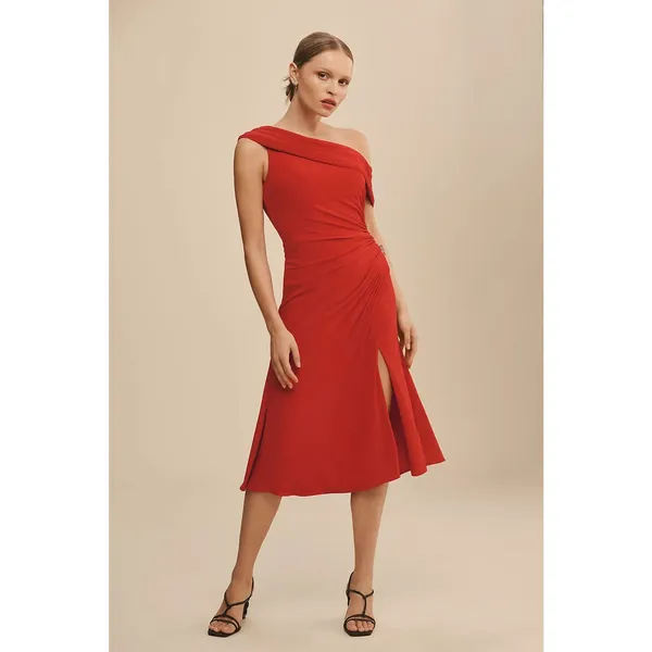 Ieena Mac Duggal Ruched Red Off-The-Shoulder Midi Dress Size 6 Cocktail Wedding - Image 3